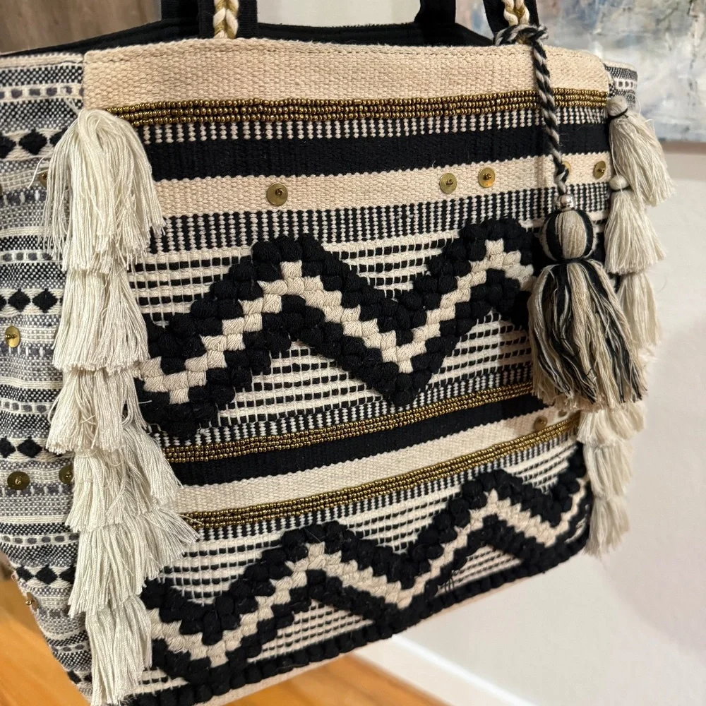Steve Madden black and white and gold Raine boho Tote woven tassel sequin